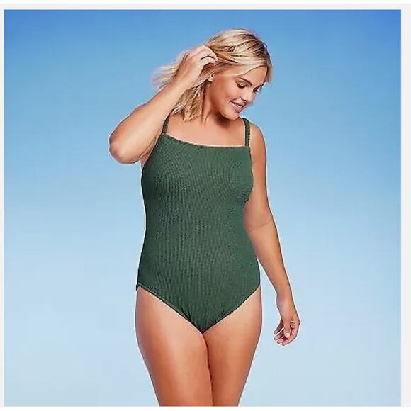 Women's One Piece Swimsuit High Cover Textured Medium 8/10 Green New Kona Sol - Picture 1 of 6